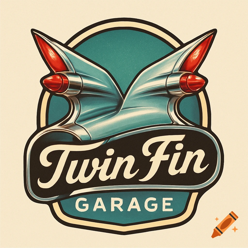 Vintage 'Twin Fin Garage' logo with stylized chrome car tailfins, red bullet taillights, and legible text in a turquoise and cream badge.