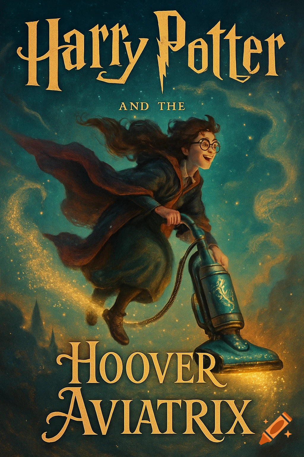 Book cover: a young wizard resembling Harry Potter flies through a starry night on a Hoover vacuum cleaner. Title: 'Harry Potter AND THE Hoover Aviatrix'.
