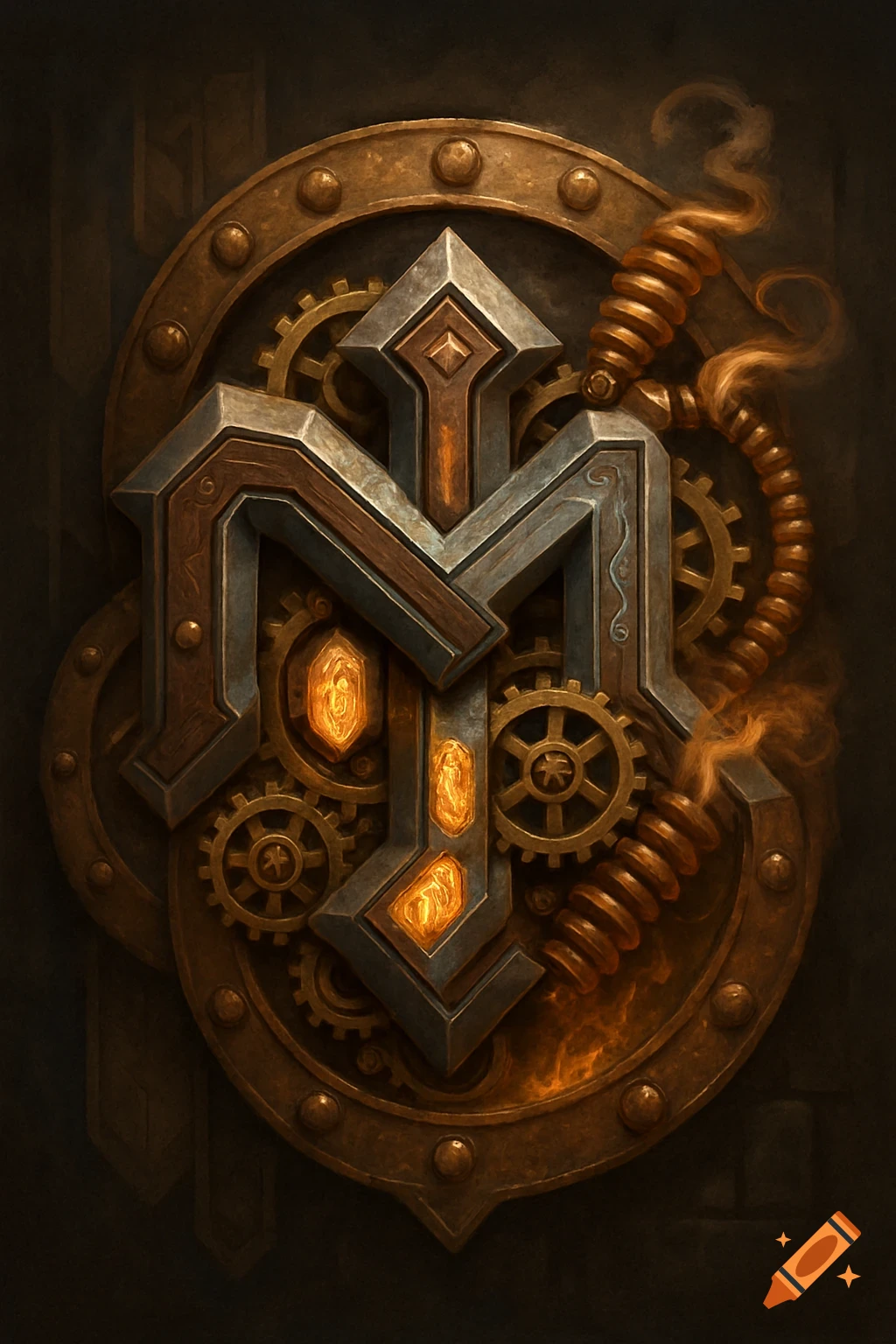 A detailed dwarven clan symbol made of metallic and wooden parts with gears, glowing orange runes, and smoke, set against a dark background.