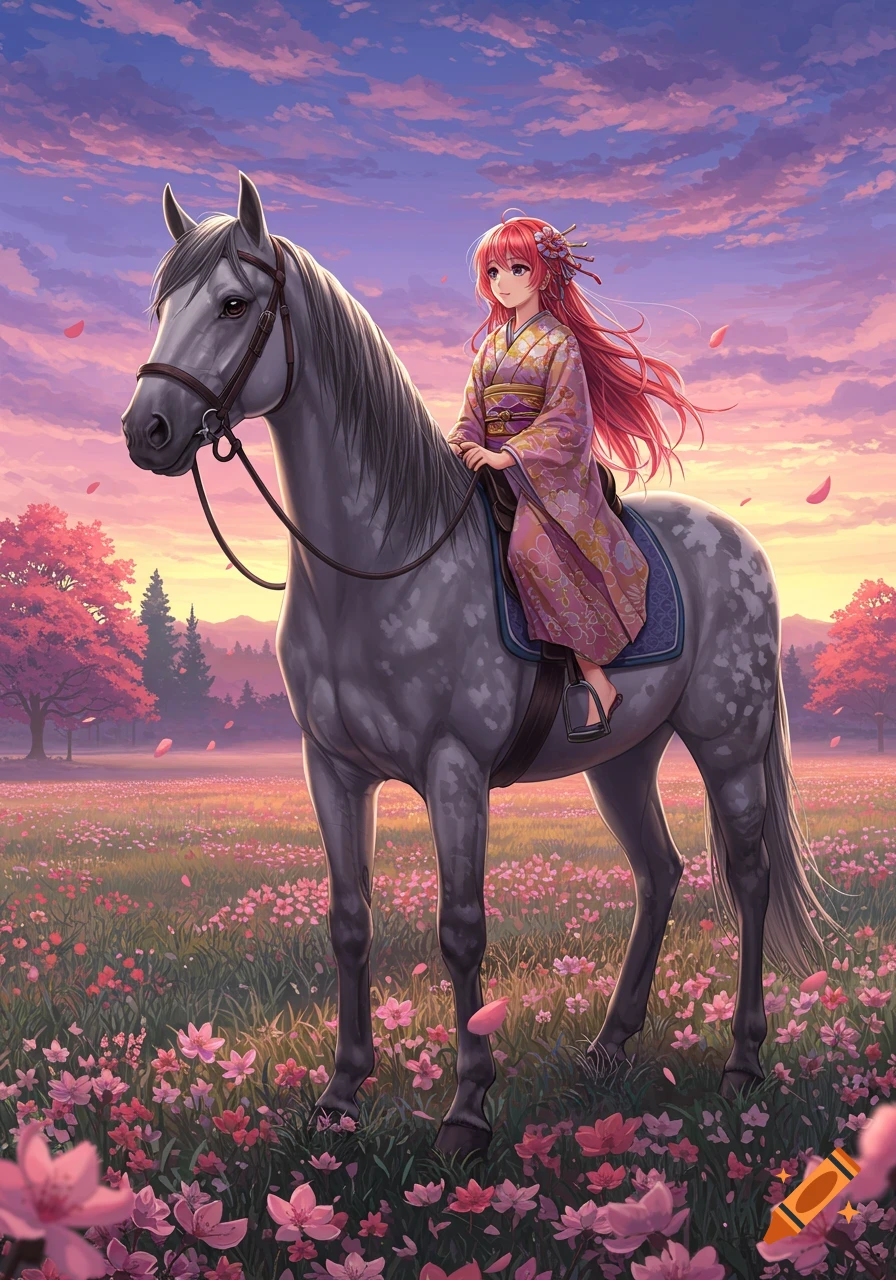 An anime girl with pink hair sits sideways on a gray horse in a field of pink flowers under a vibrant sunset sky.