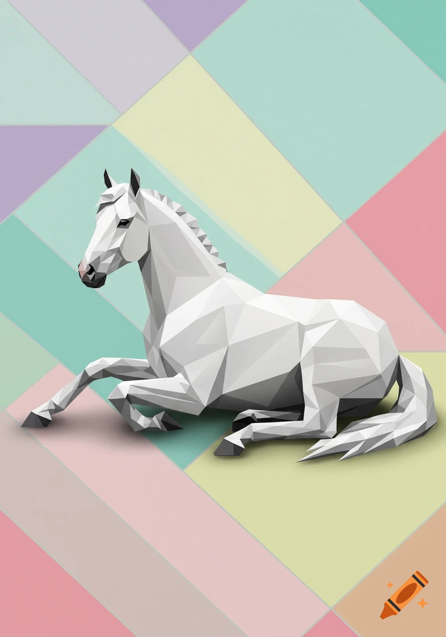 A white geometric low-poly horse lies on a pastel abstract background of interlocking shapes.