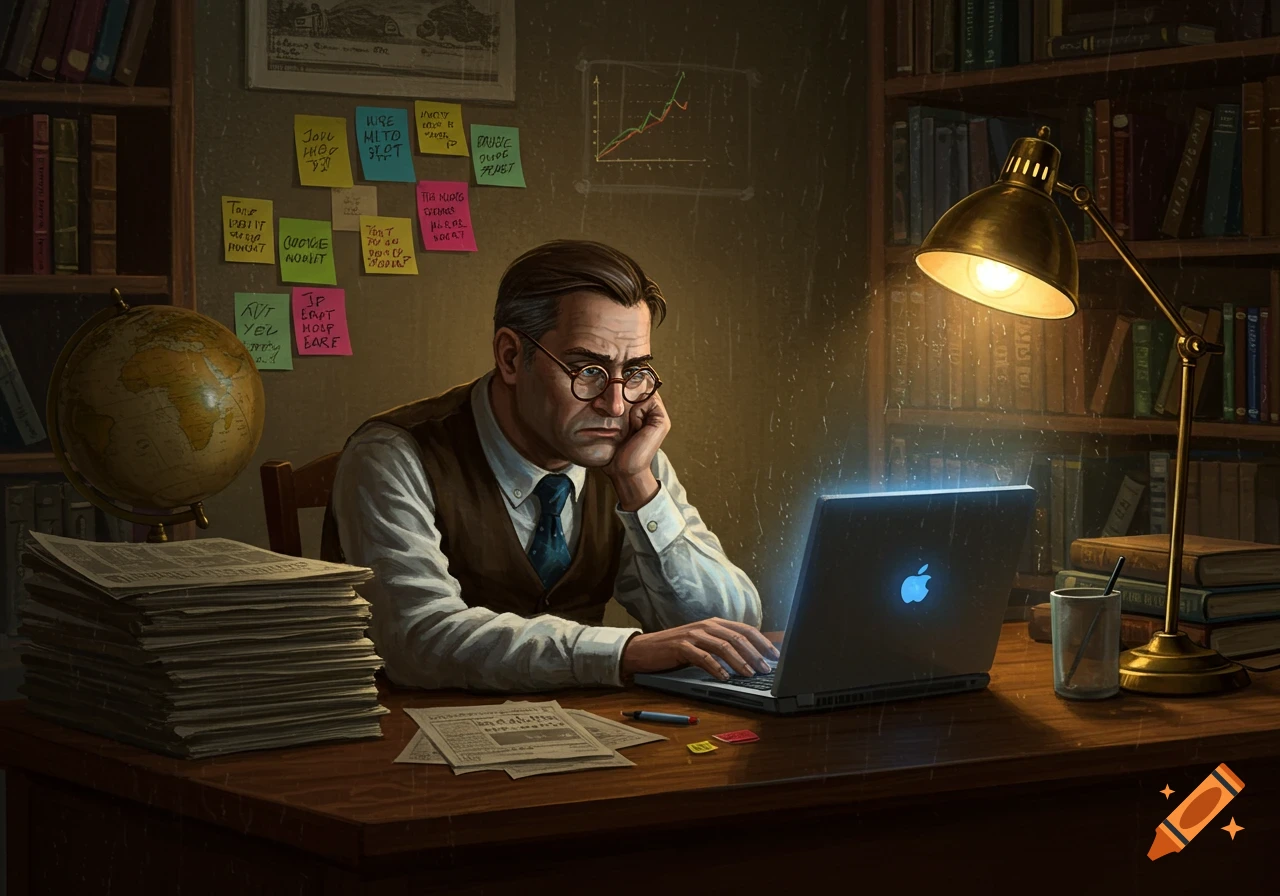 A man with glasses looks stressed while working on a laptop at a desk in a dimly lit study, surrounded by books and papers.