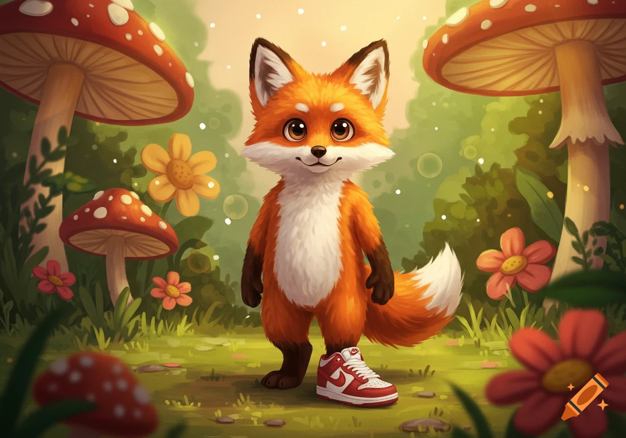 A cute orange and white cartoon fox wearing one red and white Nike sneaker stands in a vibrant fantasy forest with large mushrooms and colorful flowers.