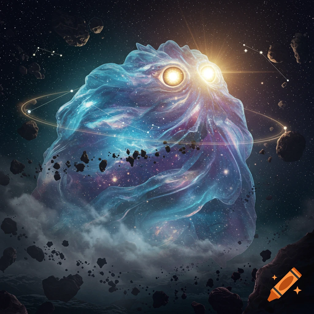 A majestic cosmic entity of blue and purple nebulae with glowing eyes floats in space, surrounded by asteroids and constellations.