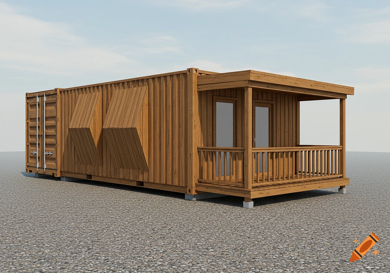 A photorealistic rendering of a wooden shipping container cabin with a small porch and railings, set on a gravel surface under a blue sky.
