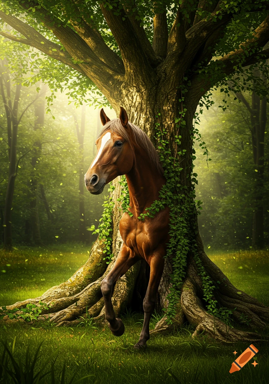 A brown horse with a white blaze emerges from a large, vine-covered tree trunk in a sunlit, green forest.