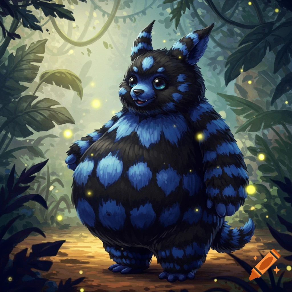 A cute, plump, black and blue spotted furry creature with large ears and blue eyes stands in a lush jungle with glowing fireflies.