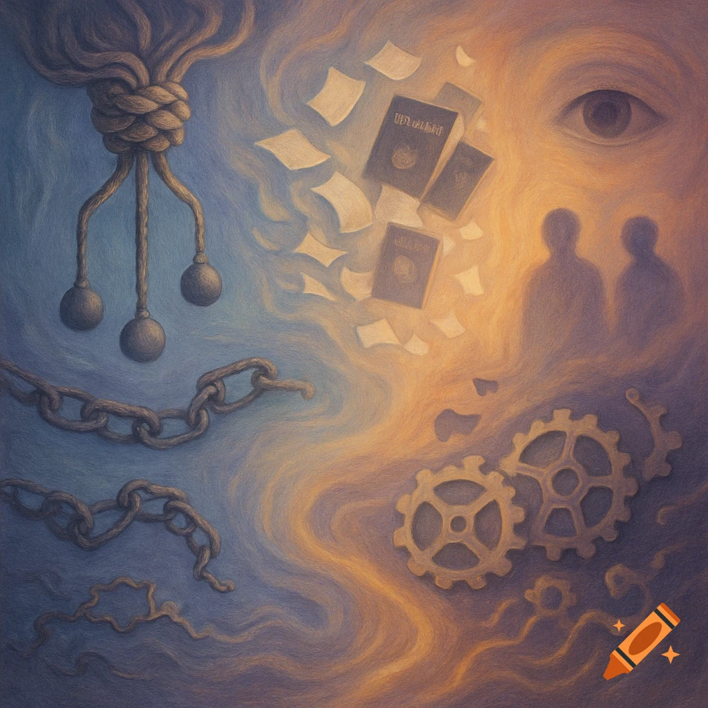 Surreal painting of ropes, chains, dissolving papers, and gears against a swirling blue and orange background, symbolizing transformation.