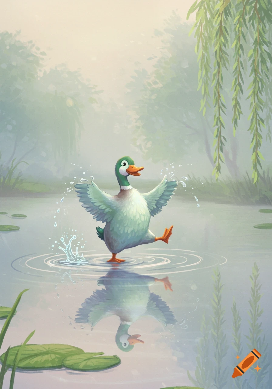 A happy cartoon duck balances in a misty pond with lily pads, wings spread and splashing water, against a backdrop of green trees.