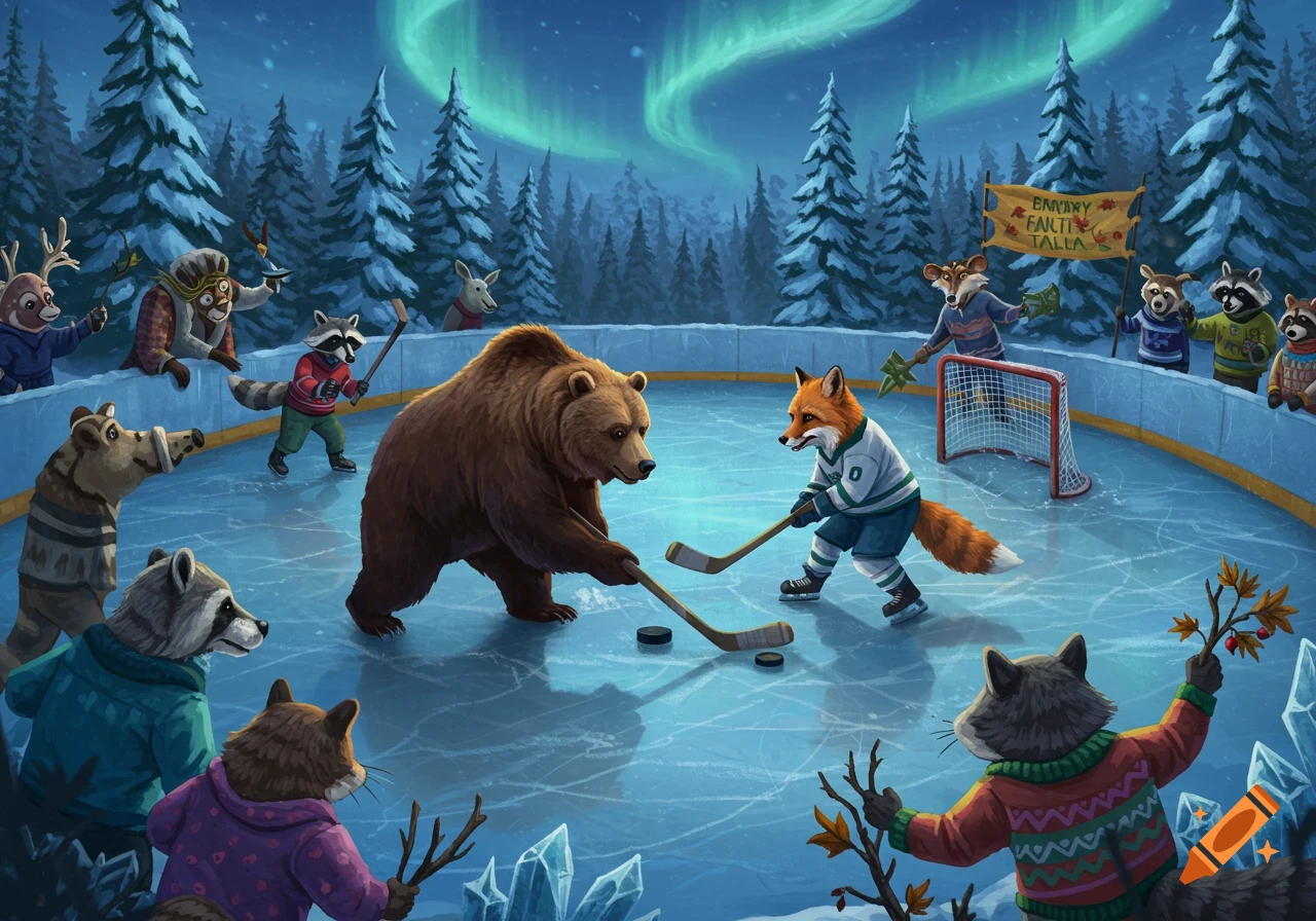 Whimsical illustration of anthropomorphic forest animals playing ice hockey on an outdoor rink under the aurora borealis.
