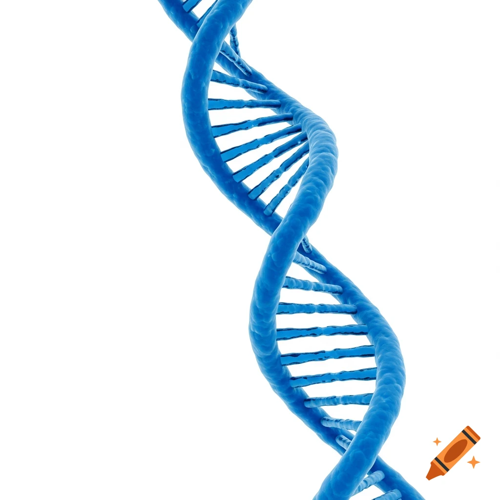 A detailed 3D render of a blue double helix DNA strand on a stark white background.