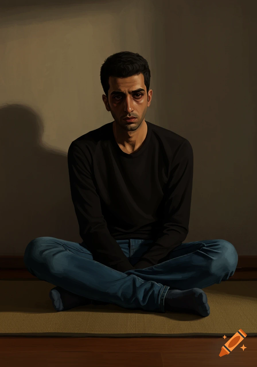 A realistic portrait of a somber man with dark circles under his eyes, wearing a black shirt and blue jeans, sitting cross-legged on a mat in a dimly lit room.