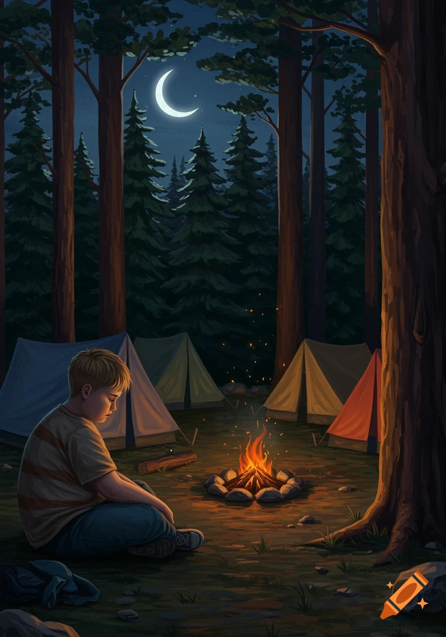 Sad boy by campfire at night camp with tents and trees under a crescent moon, illustration.