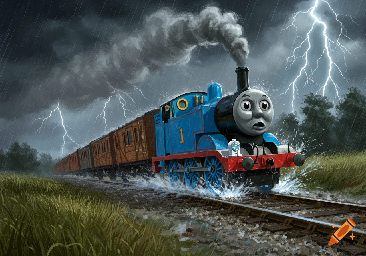 Illustration of Thomas the Tank Engine speeding a mail train through a thunderstorm with lightning flashes and splashing water.