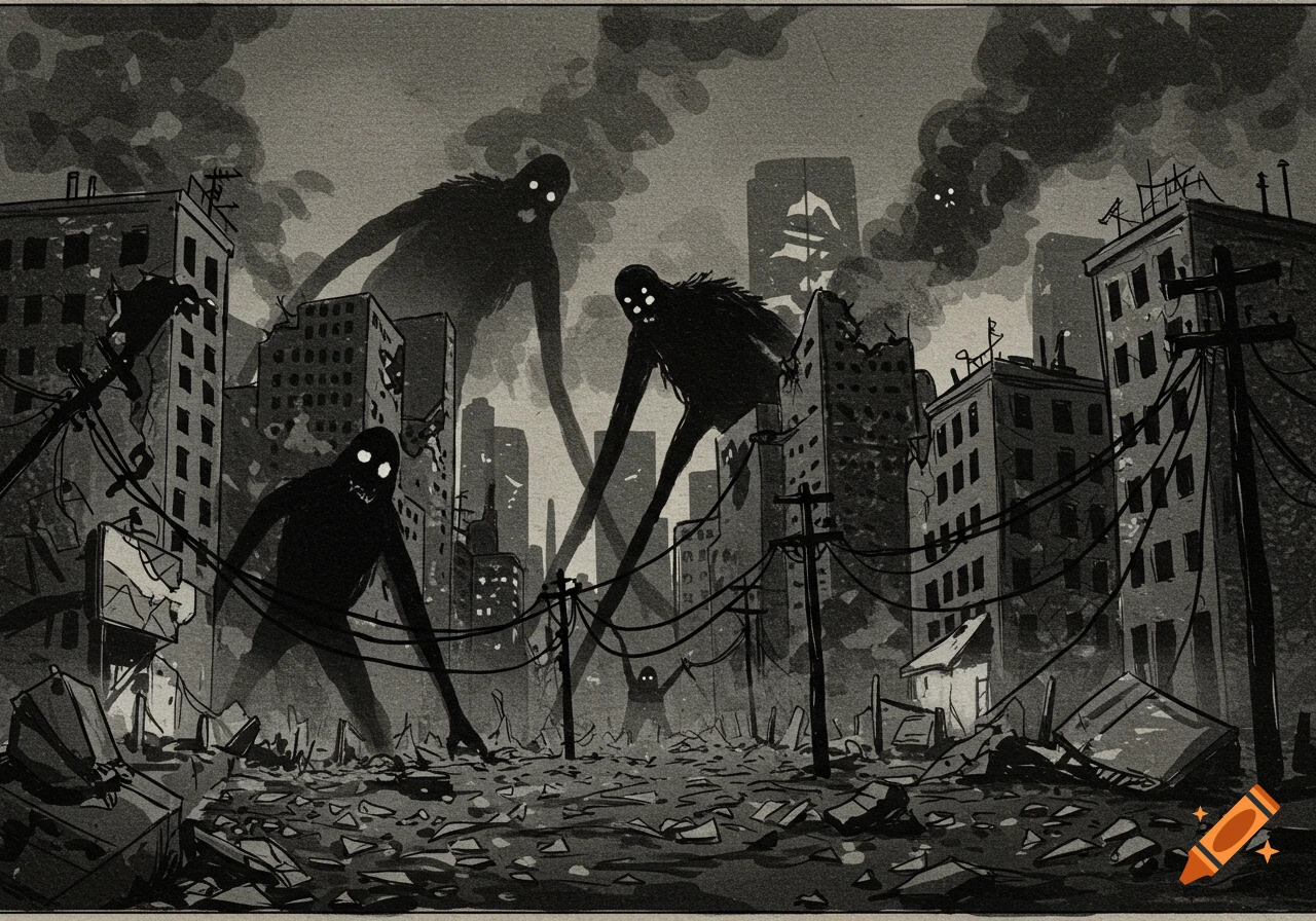 Black, lanky, shadowy monsters with glowing white eyes and mouths stand over a destroyed city, smoke rises from buildings, in an old newspaper clipping style.