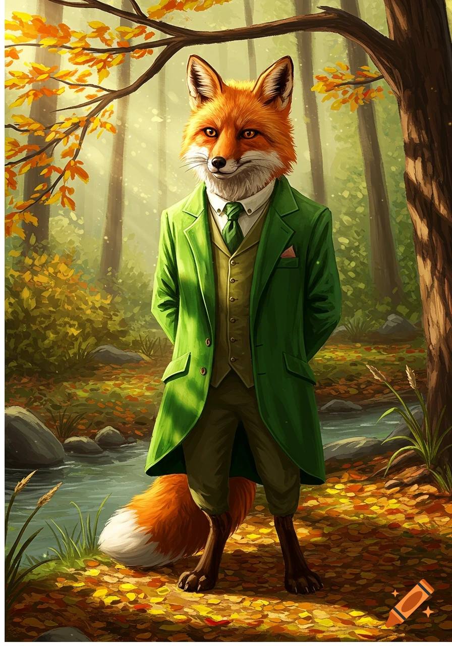 A stylized illustration of an anthropomorphic red fox in a green suit standing in an autumn forest with golden leaves.