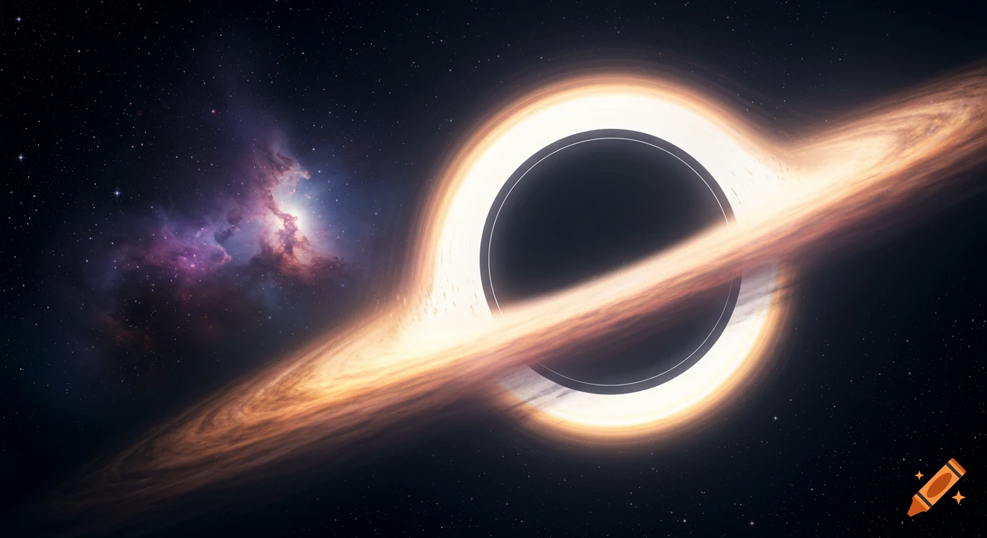 A glowing orange and gold accretion disk encircles a black hole, with a purple nebula and scattered stars in the deep space background.