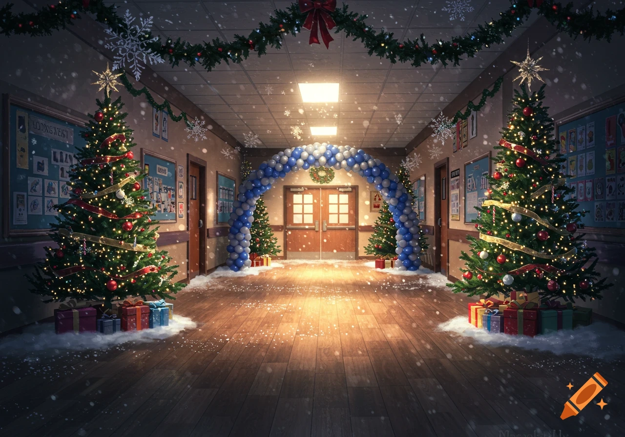 A warmly lit school hallway decorated for Christmas with two large Christmas trees, a blue and white balloon arch, and fake snow on the floor. Snowflakes are falling.