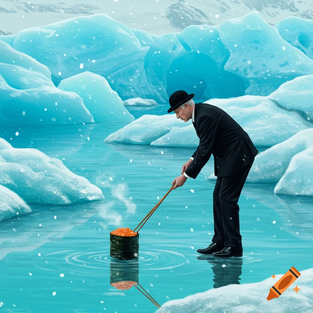A man in a suit and bowler hat uses chopsticks to dip a steaming piece of sushi into icy blue glacier water surrounded by icebergs.