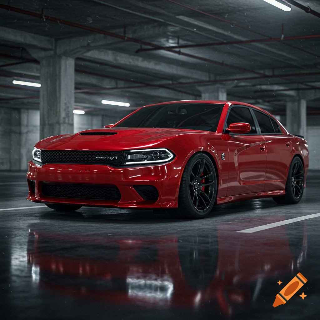 A shiny red Dodge Hellcat Charger is parked in a dimly lit concrete parking garage, with reflections on the wet floor.