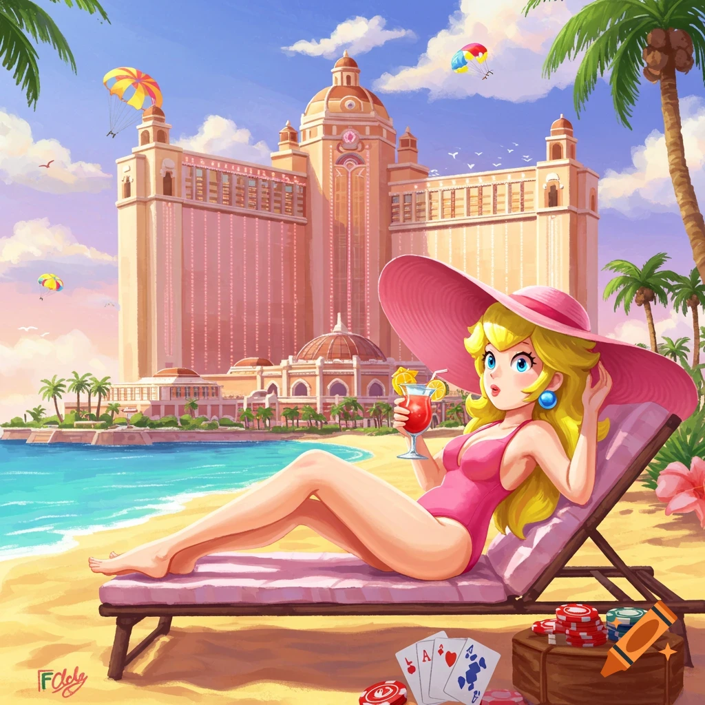 Princess Peach in a pink swimsuit and hat relaxes on a beach chair, holding a drink, with a large resort casino and ocean in the background.