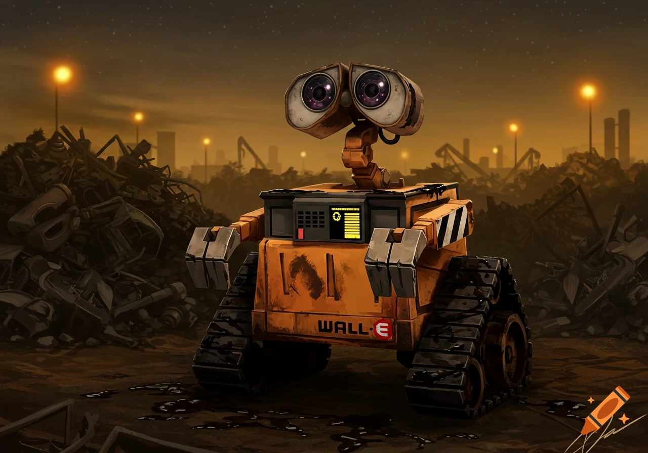 The robot WALL-E, covered in tar, stands in a desolate junkyard at dusk. Digital art style.