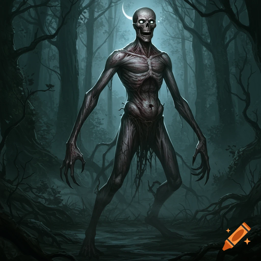 A grotesque, skeletal monster with glowing eyes and sharp teeth stands in a dark, foggy forest under a crescent moon, digital art.
