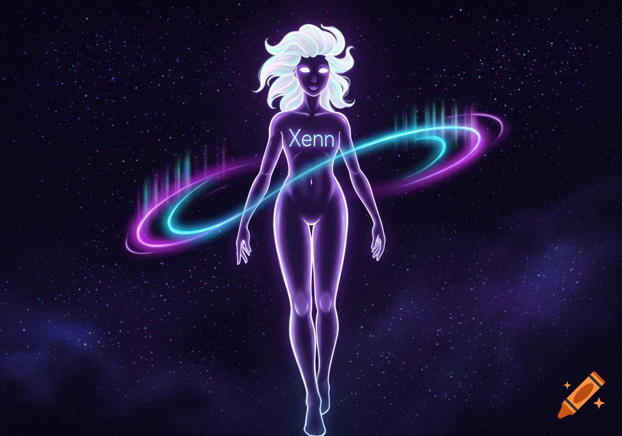 A glowing, purple humanoid figure with 'Xenn' on its chest, surrounded by neon rings, floats in a starry cosmic background.