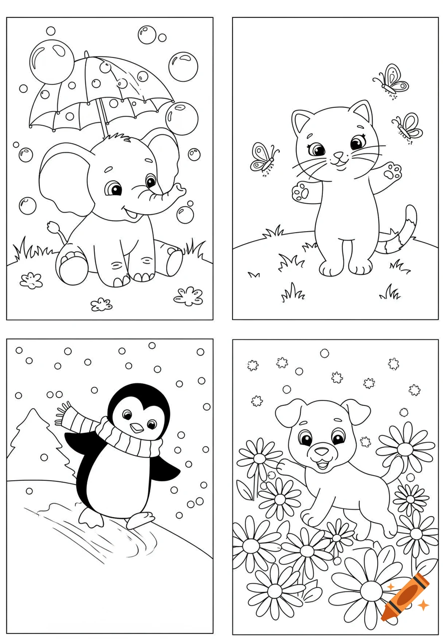 Four black and white coloring pages showing a cute elephant, cat, penguin, and dog.