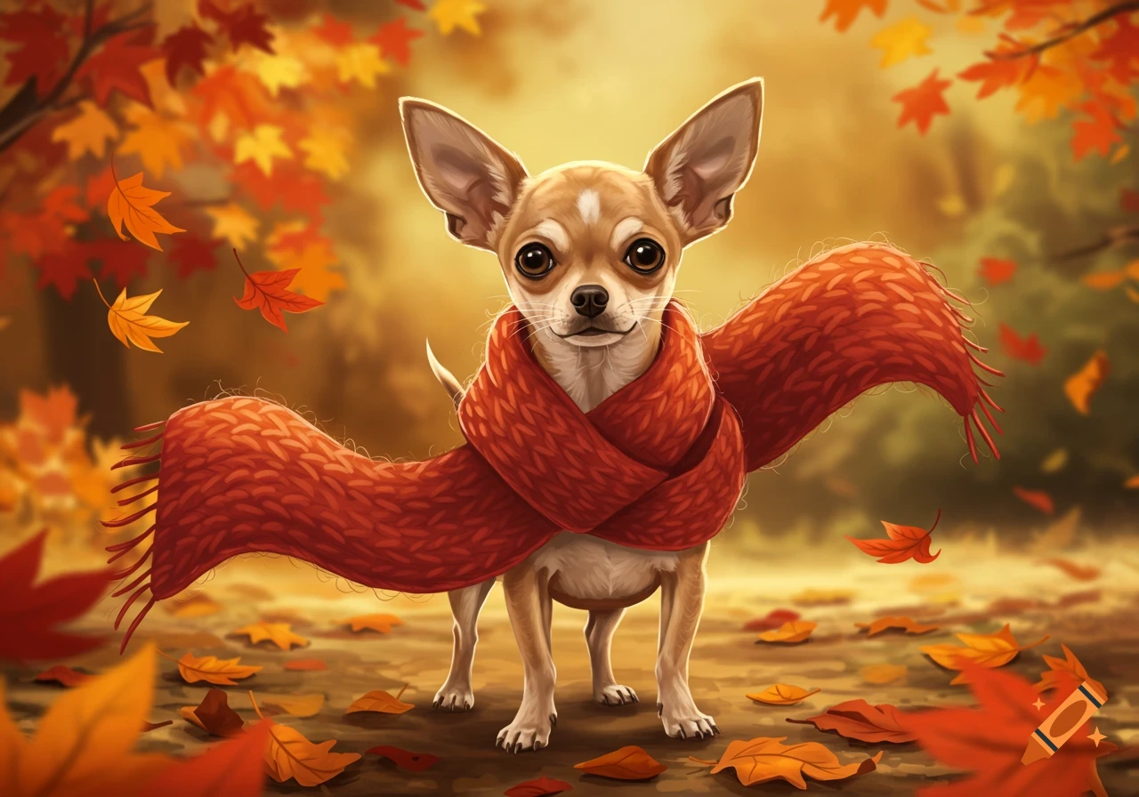 An illustration of a cute chihuahua wearing a red knitted scarf, standing among fallen autumn leaves.