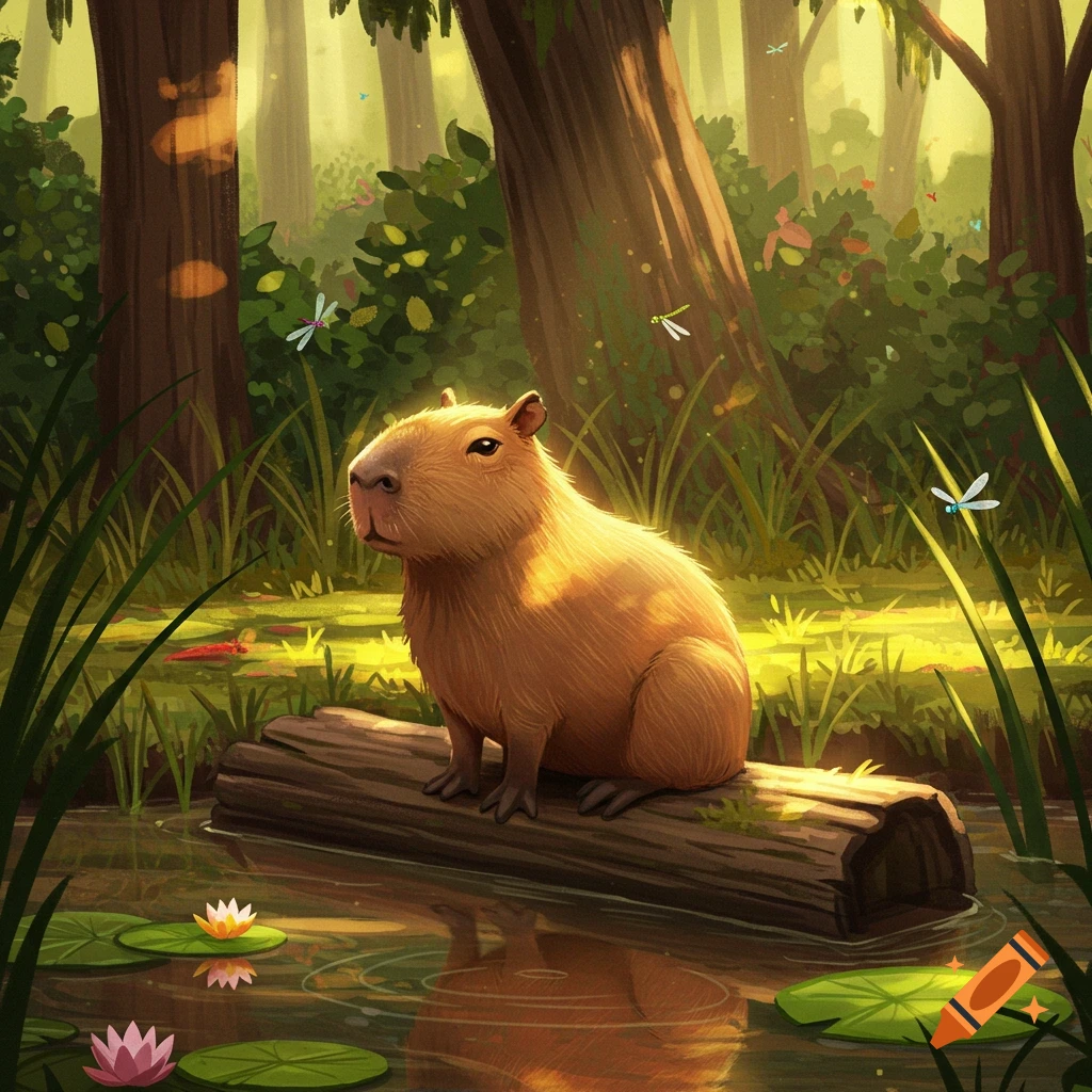 An illustrative image of a fluffy capybara sitting on a log in a shallow forest stream, surrounded by lush green foliage and lily pads.