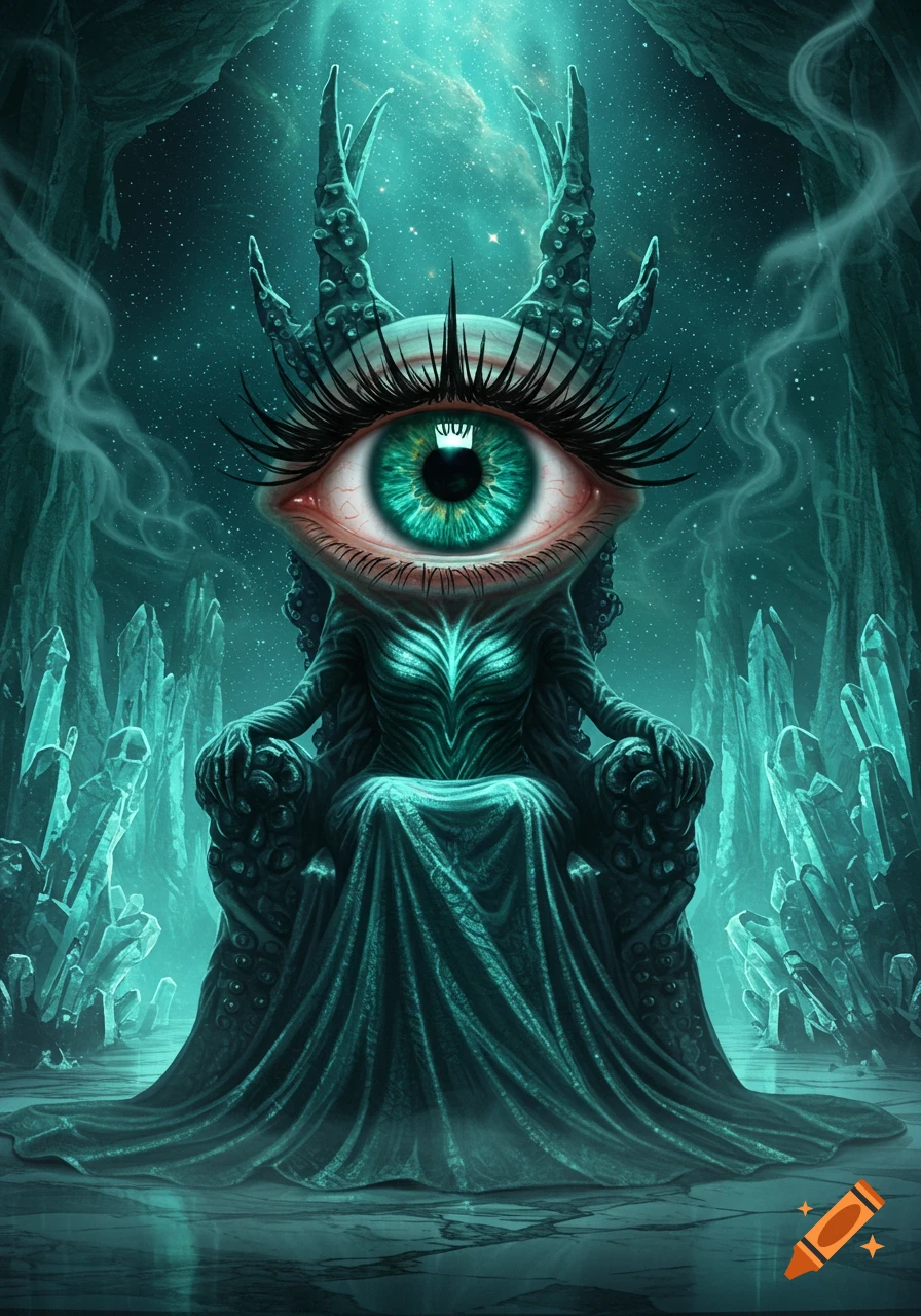 A surreal eyeball empress with long lashes sits on a gothic throne in a glowing icy crystal cave, surrounded by crystals and a starry sky.