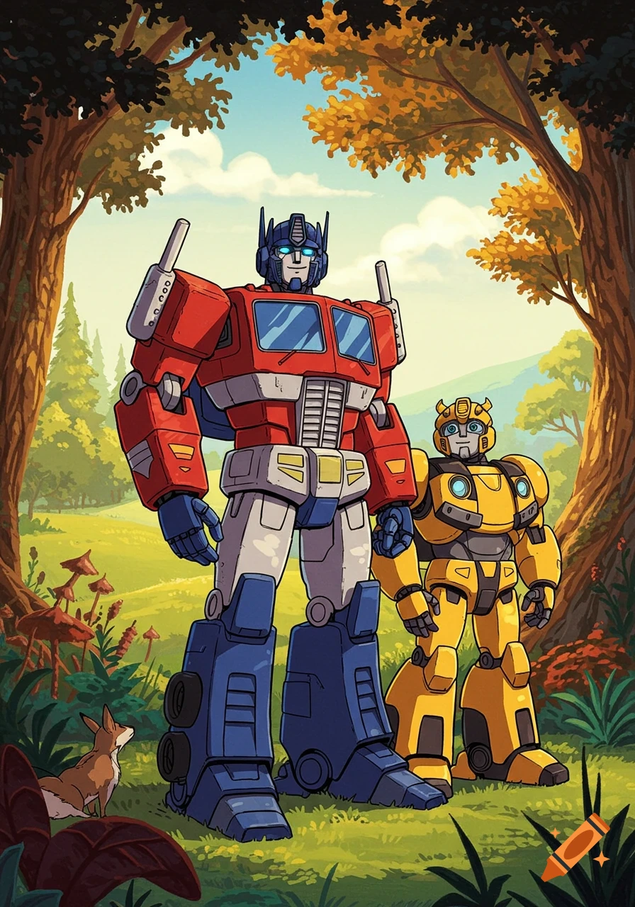 Optimus Prime and Bumblebee stand in a vibrant, stylized forest with a small fox nearby, rendered in a cartoon style.