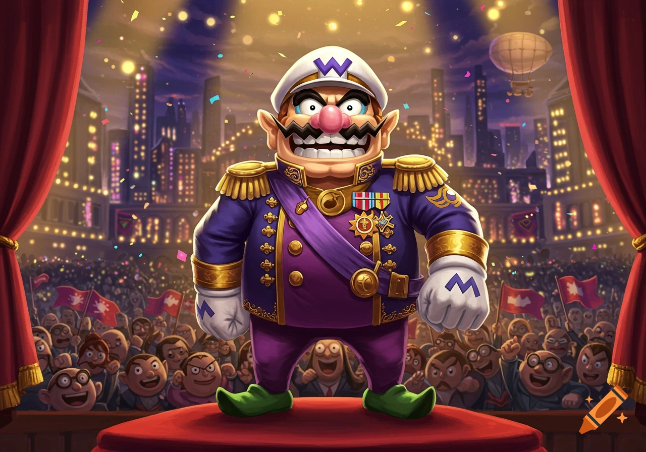 Cartoon Wario in a purple dictator uniform addresses a cheering crowd on a stage in a city at night.
