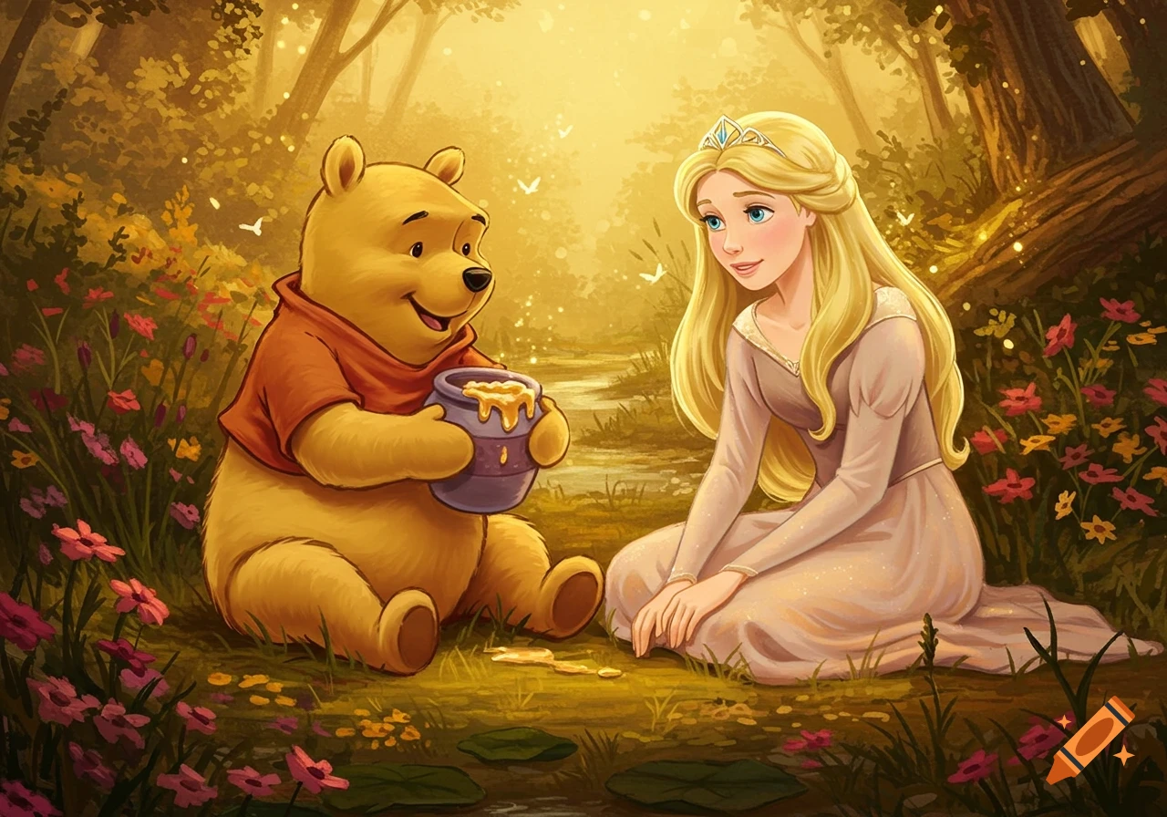 Winnie the Pooh offers a honey pot to Princess Odette in a glowing magical forest filled with wildflowers.