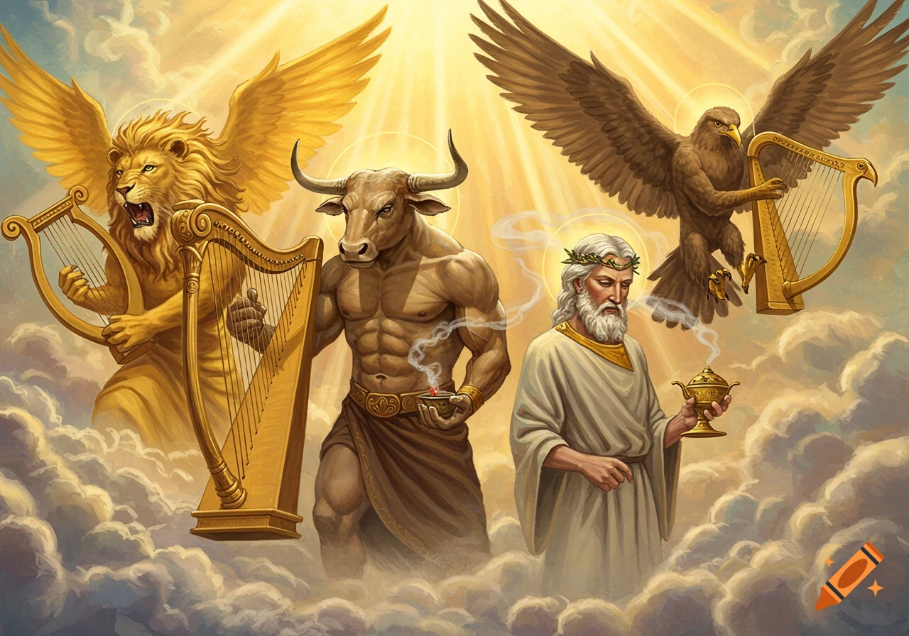 Four biblical living creatures and an old man with a halo in clouds, holding harps and incense, in a fantasy art style.