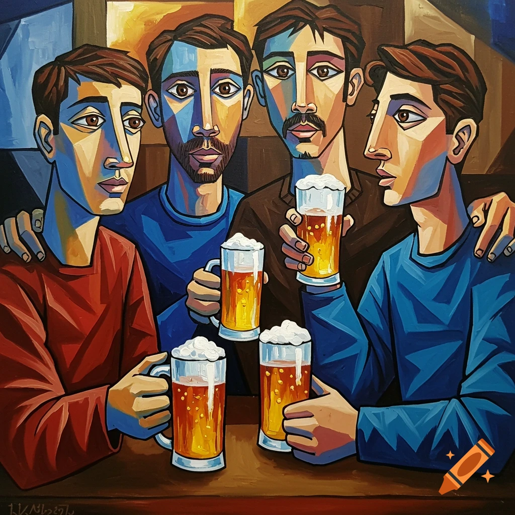 Cubist painting of four men with vibrant colors drinking beer together at a table.