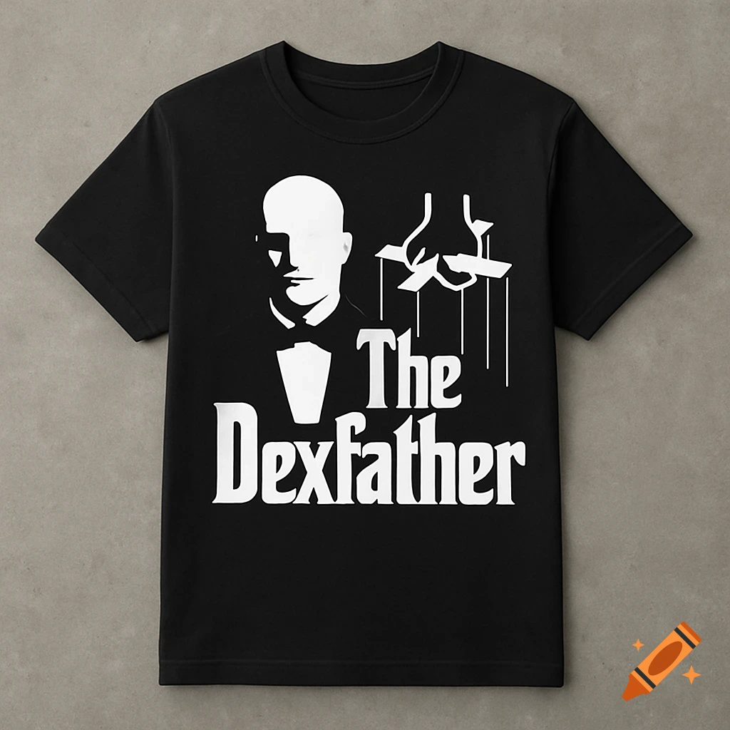 A black t-shirt with a white graphic featuring a bald man, puppet strings, and the text "The Dexfather" in a stylized font.