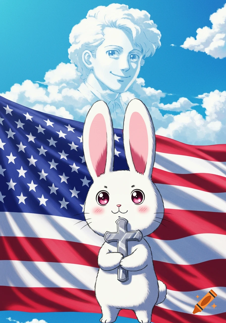 A cute anime white rabbit holds a cross in front of a waving American flag, with a cloud shaped like a man in the sky.