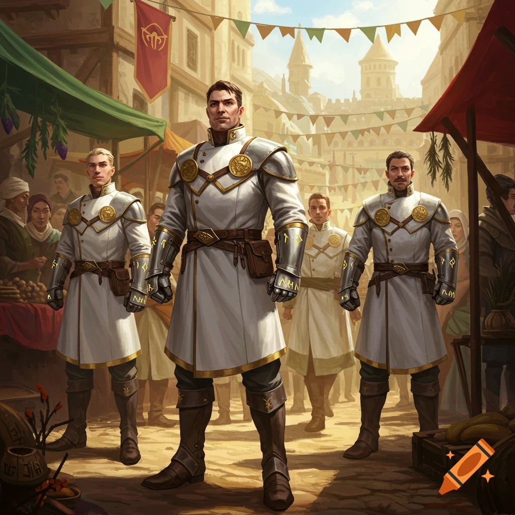 Three armored guards in white coats stand in a bustling fantasy market.