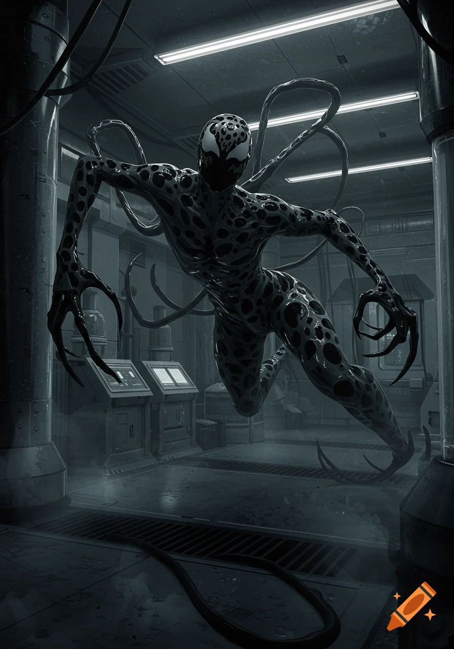 A menacing black and grey polka-dotted symbiote with sharp claws leaps in a dark, futuristic laboratory.