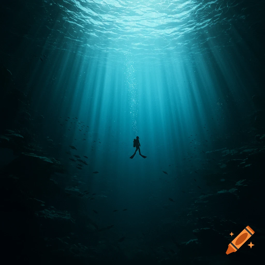 A lone scuba diver swims deep in the dark ocean, illuminated by shafts of sunlight from the surface, with small fish below.