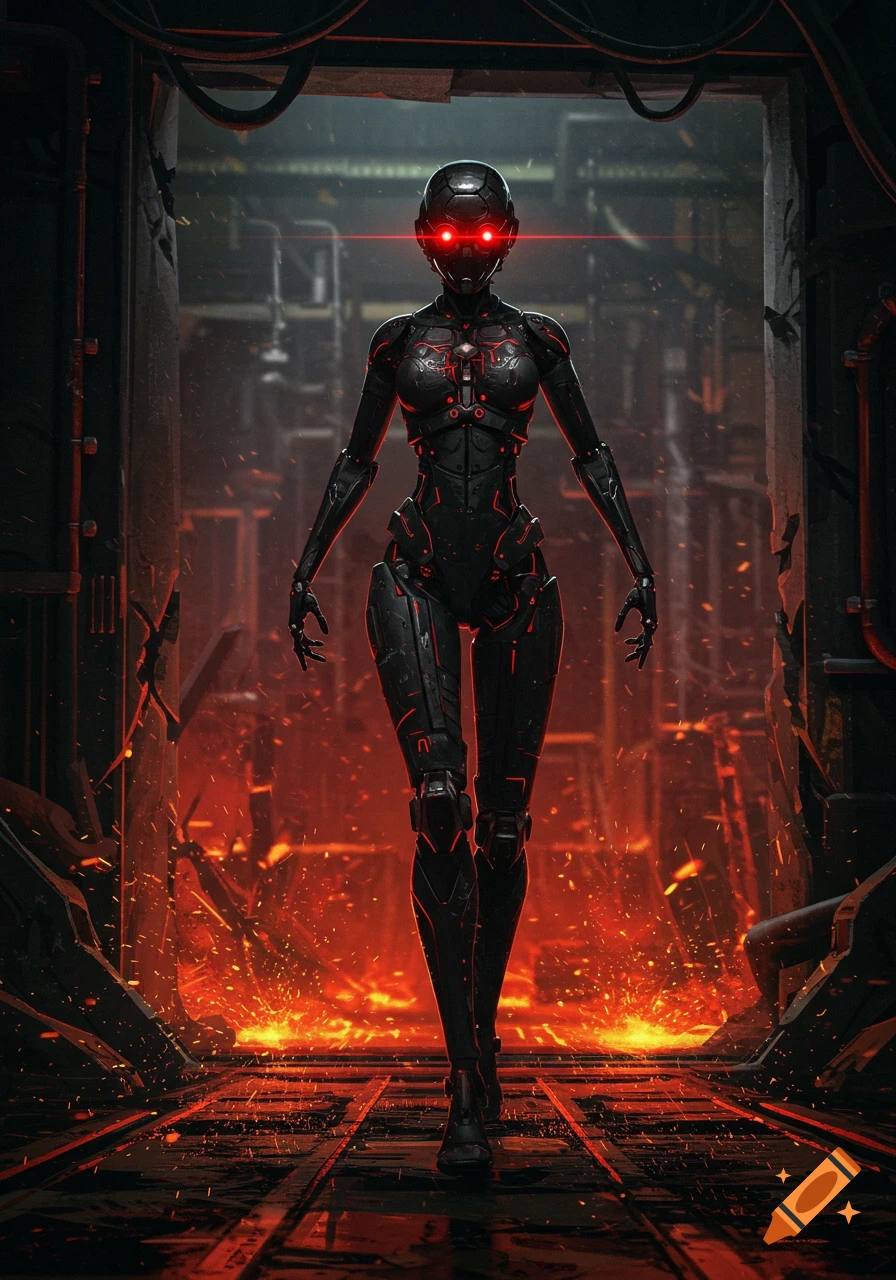 A black robot with glowing red eyes and circuitry walks through a fiery, dystopian industrial corridor.