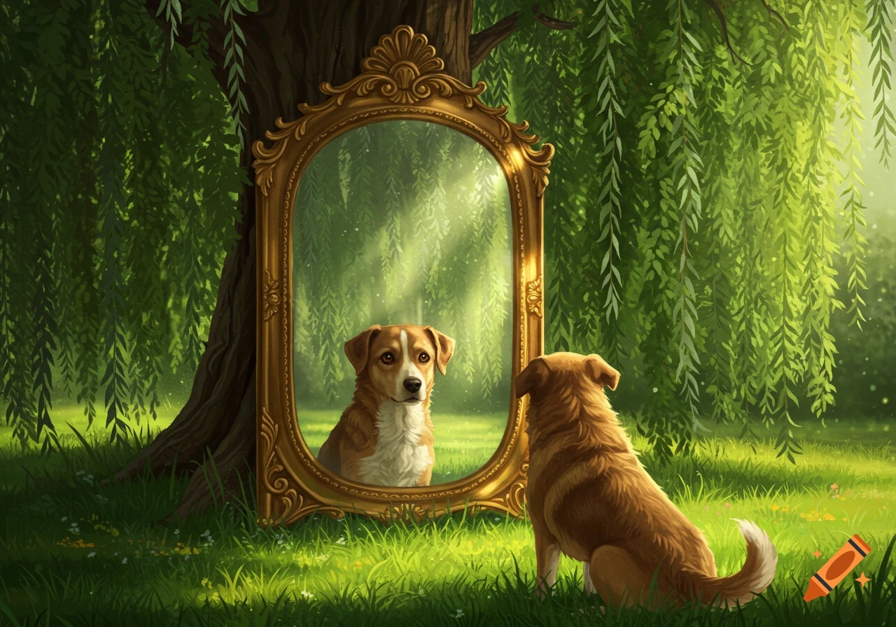 A brown and white dog sits on grass, looking into an ornate mirror reflecting its face, beneath a weeping willow tree.