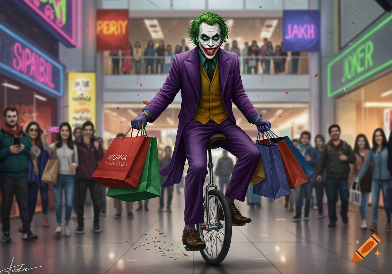 The Joker, in a purple suit, green hair, and white makeup, rides a unicycle through a brightly lit shopping mall, carrying multiple shopping bags in both hands. Confetti falls around him.