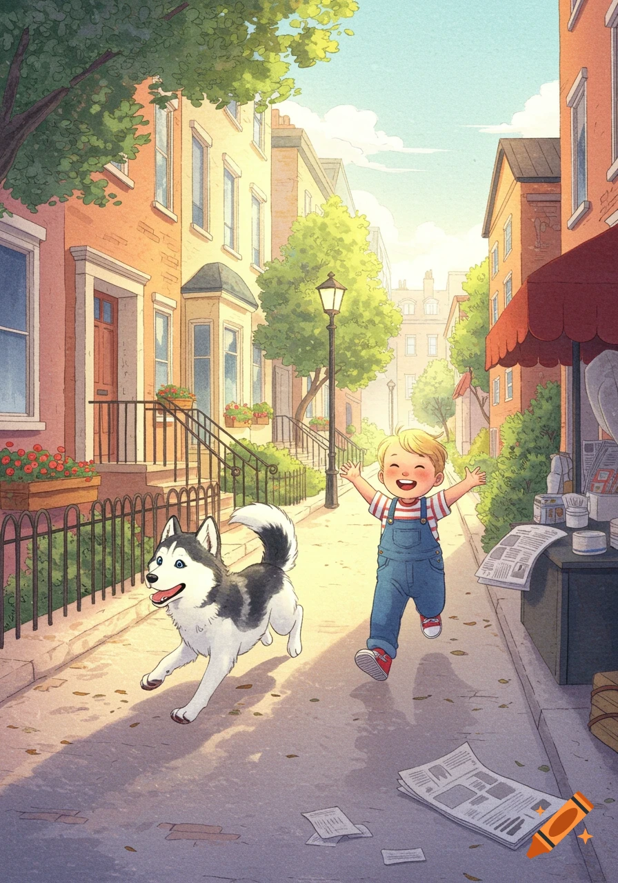 A happy blond toddler boy runs excitedly after an almost white husky dog on a sunny street with townhouses in a picture book illustration style.