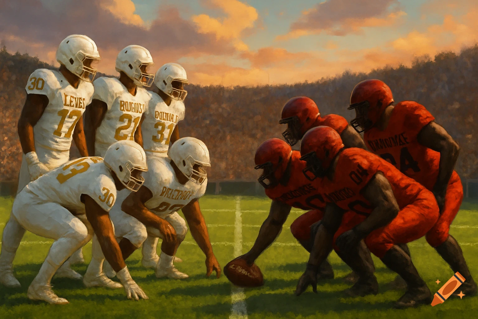 Two football teams in white and red uniforms face off on a green field in a stadium at sunset, painted in an artistic style.