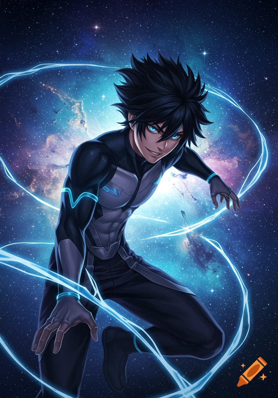 Anime male character in a dark futuristic suit with blue glowing accents, crouching dynamically against a starry galaxy background with energy trails.