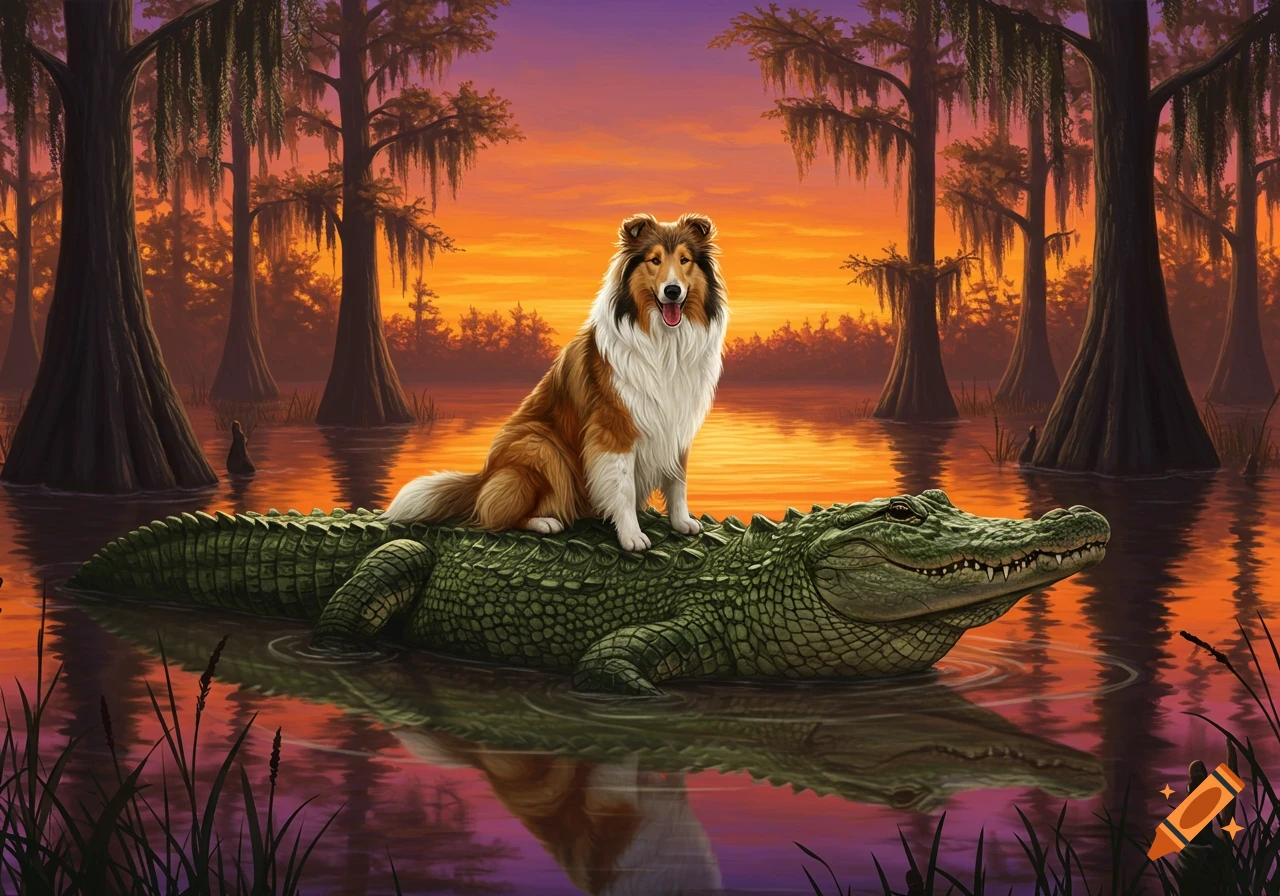 A collie dog sits atop a large alligator in a swamp during sunset, rendered in a painterly style.