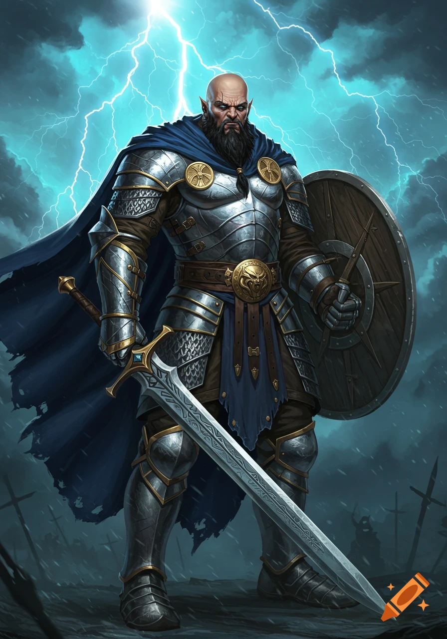 A bald, bearded warrior in ornate silver armor and a blue cloak holds a large sword and shield under a stormy, lightning-filled sky.